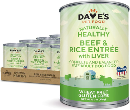 Dave's Pet Food Wet Dog Food (Beef & Rice), Made in USA Naturally Healthy Canned Topper Gluten Free Topper, 13.2 oz (12 Pack)