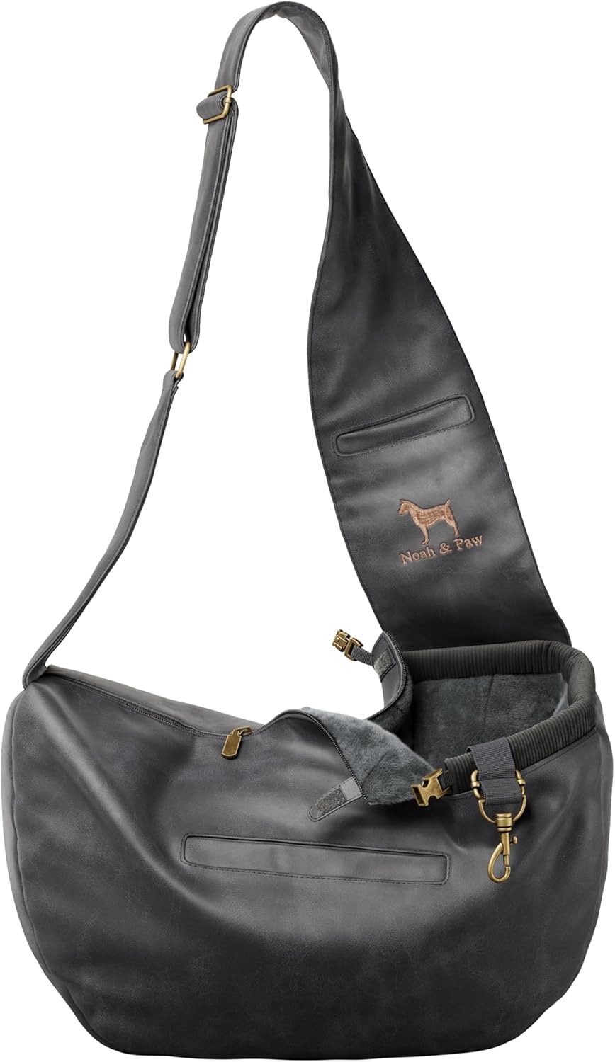 Noah & Paw Dog Sling Carrier for Small Dogs 5-18lb, Dog Sling for Small Dogs and Cats, Dog Carrier with Adjustable Padded Strap, Vegan Leather Lined with Fur, 3X Safety Features, Machine Washable