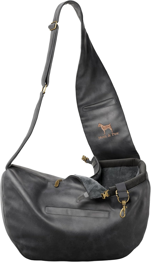 Noah & Paw Dog Sling Carrier for Small Dogs 5-18lb, Dog Sling for Small Dogs and Cats, Dog Carrier with Adjustable Padded Strap, Vegan Leather Lined with Fur, 3X Safety Features, Machine Washable