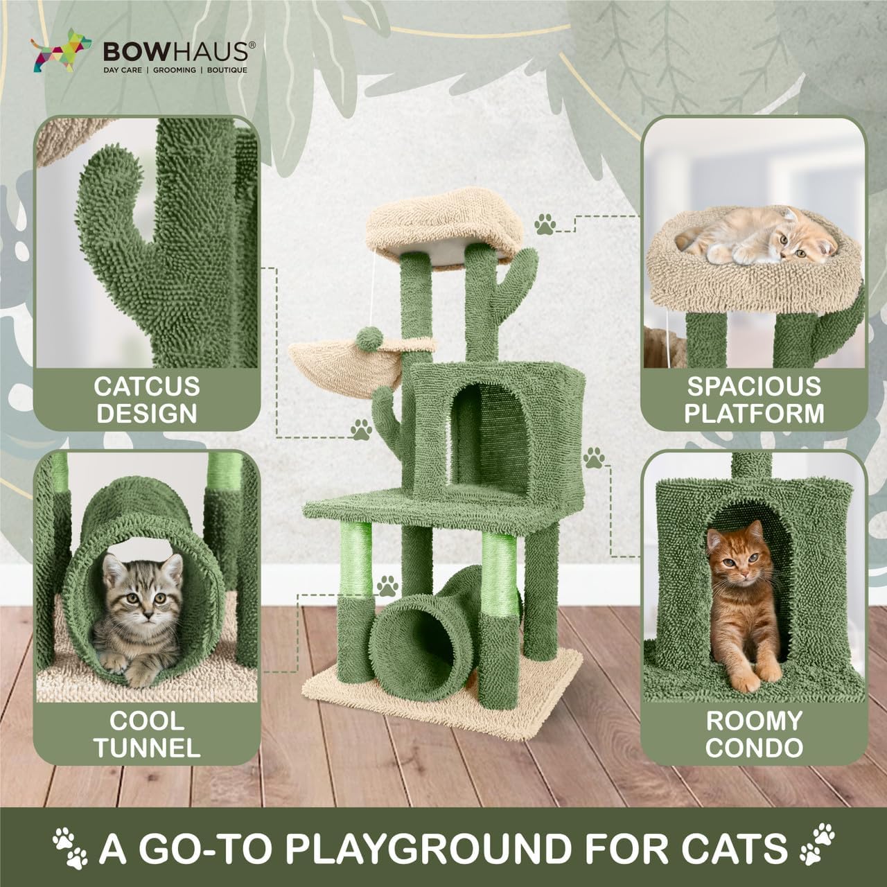 CAPHAUS Cactus Cat Tower for Indoor Cats, Cute 40-Inch Small Cactus Cat Tree w/Widened Perch for Large Cats & Kittens, Multi-Level Cat Activity Tree w/Scratching Post, Tunnel, Basket, Cat Cave Condo