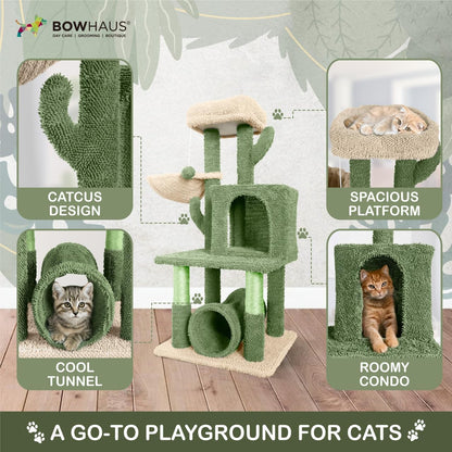 CAPHAUS Cactus Cat Tower for Indoor Cats, Cute 40-Inch Small Cactus Cat Tree w/Widened Perch for Large Cats & Kittens, Multi-Level Cat Activity Tree w/Scratching Post, Tunnel, Basket, Cat Cave Condo