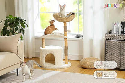 Modern Cat Tree Tower for Large Cats, Wood Cat Tower with Natural Scratching Post, Solid Wood Condo, Real Branch Luxury Cat Furniture with Curved Bed, Top Basket, White