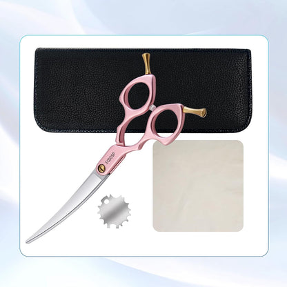 Professional Left Handed Curved Dog Grooming Scissors with Sharper Self Grinding lightweight and finely trimmed split structure 6.5'' Japan VG10 63HRC for small dogs cat pet(Pink)