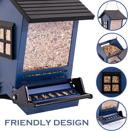 LSCQYYCC-Bird Feeder Squirrel Proof Metal Hanging for Outdoor Wild Bird Seed, with Bilateral Weight-Activated Perches, Large Feeder That Attracts Cardinals, Chickadees, and More Birds-One in Blue