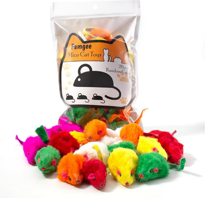 20 PCS Furry Squeak Mouse Rattle Sound Plush Mice Fur Interactive Catch Play Catcher Pet Kitten Cat Toys (Random Color)
