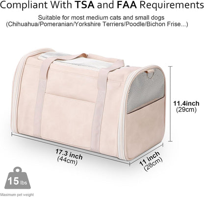 Fashion Leather Dog Carrier Cat Carrier Airline Approved Pet Carrier for Small Medium Dogs Cats Under 15Lbs, Collapsible Soft Sided Travel Puppy Carrier White