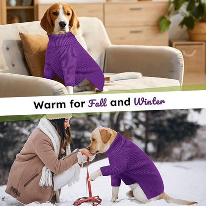 Queenmore XXL Dog Sweater, Large Dog Sweaters for Male Dogs, Turtleneck Plaid Kintsweaters for Large Breeds, Cold Weather Pullover Pet Clothes, Purple 2XL