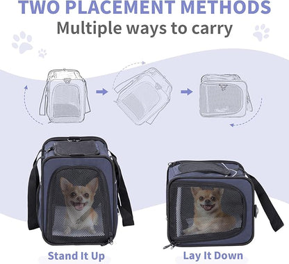 Petsfit Airline Approved Pet Carrier for Small Dogs & Cats, 18x8x11 TSA Approved Carrier, with Removable Dual-Sided Padding (2-Way Placement) - Fits Under Most Airplane Seats, Escape Proof (Navy)