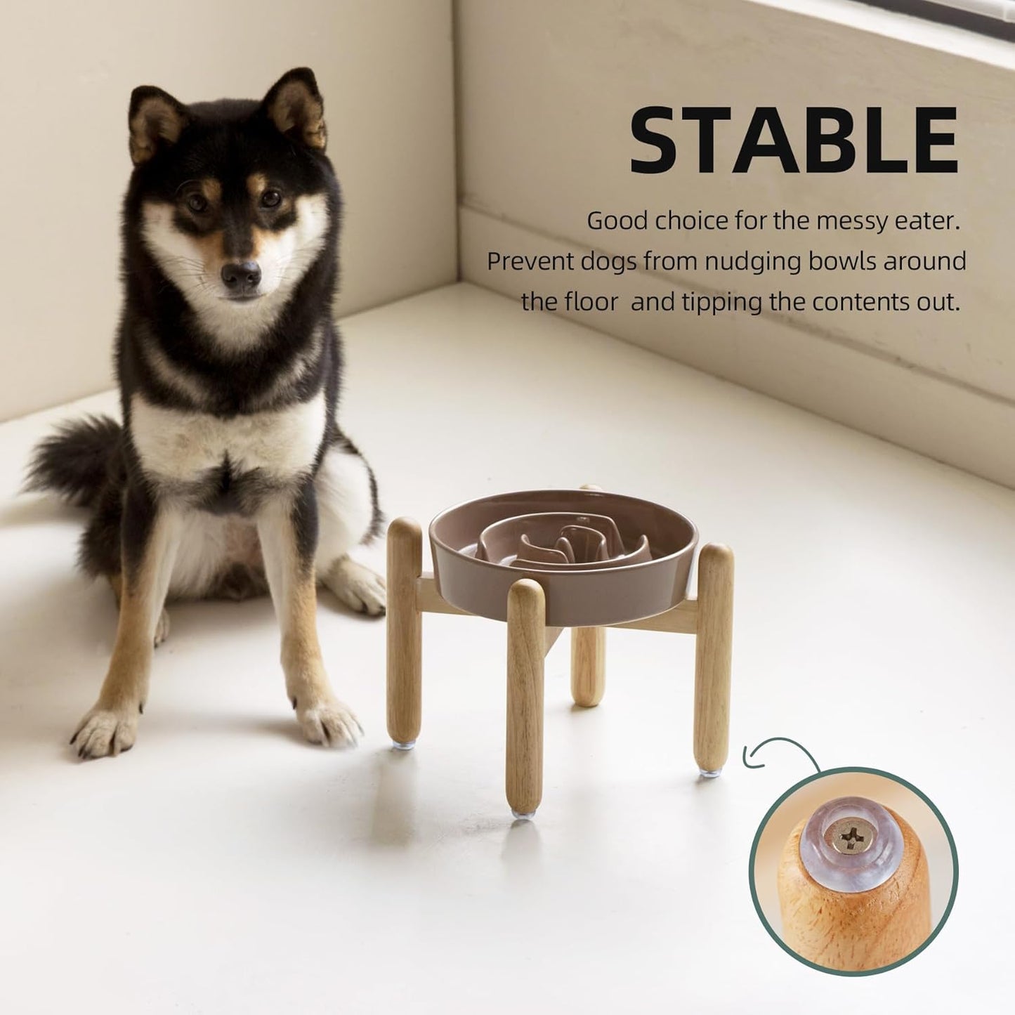Ceramic 1.2 Cup Raised Slow Feeder Dog Bowl Set, Elevated Wooden Stand for Medium and Small Dog, 7.3inch Puzzle Slow Dish, Preventing Choking(Brown Coffee, Single Bowl+ Stand)