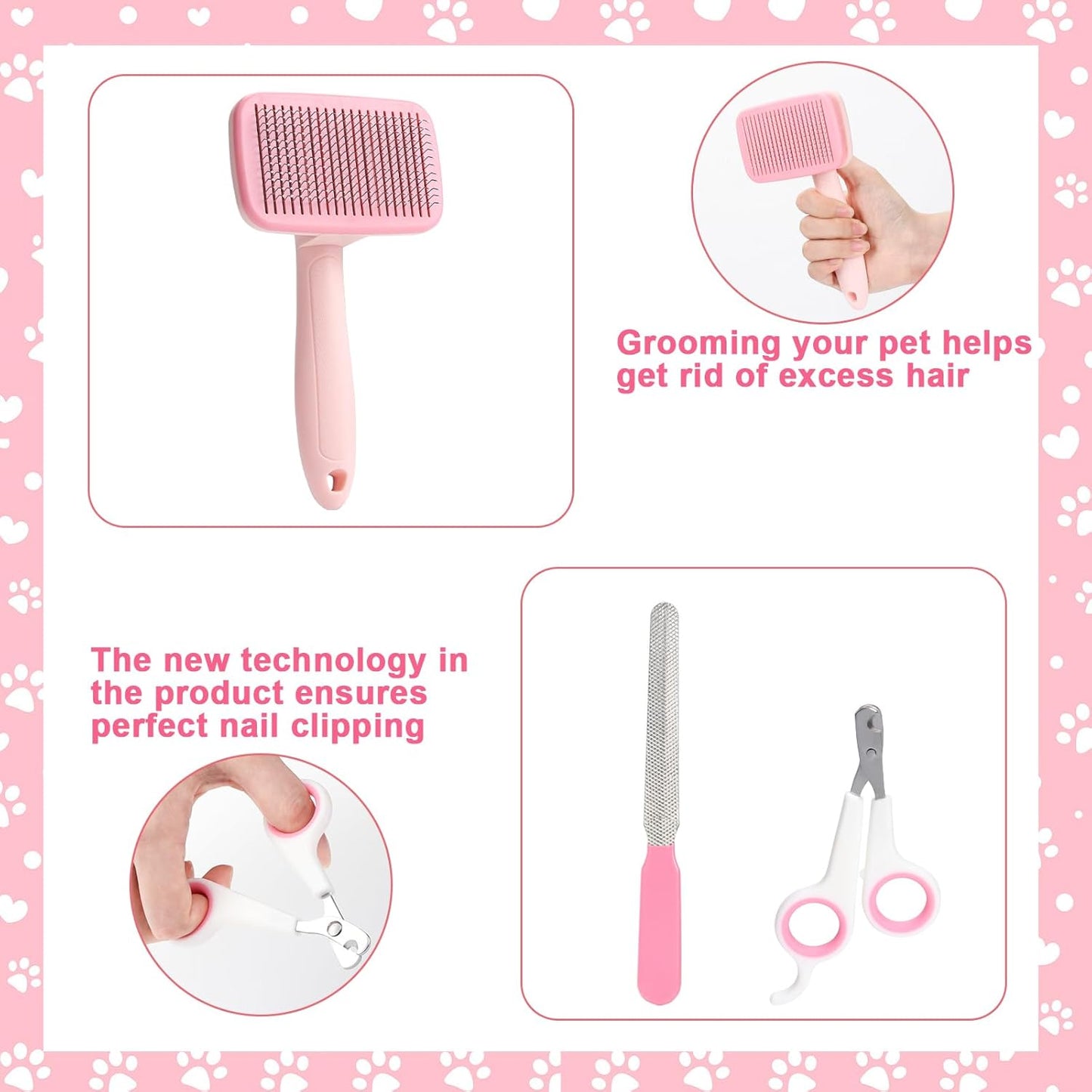 VCZONE 8 Pcs Dog Grooming Kit with Self Cleaning Tools: Nail Clipper, Flea Comb, Shampoo Brush, Shedding Brush, Dematting Comb, Silicone Toothbrush (Pink)