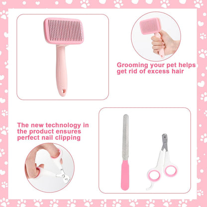 VCZONE 8 Pcs Dog Grooming Kit with Self Cleaning Tools: Nail Clipper, Flea Comb, Shampoo Brush, Shedding Brush, Dematting Comb, Silicone Toothbrush (Pink)