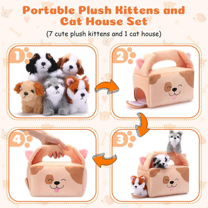 8 Pcs Dog Stuffed Animal Set Plush House with 7 Soft Stuffed Animal Plush Toy for Kids Christmas Birthday Halloween Pet Gift Party Favors Goodie Bags Stuffers