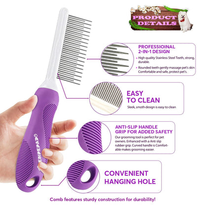Grooming Comb for Dogs and Cats with Matted Hair, Detangling Pet Comb with Long and Short Stainless Steel Metal Fine Teeth for Removing Mats, Tangles, Knots & Loose Fur from The Undercoat