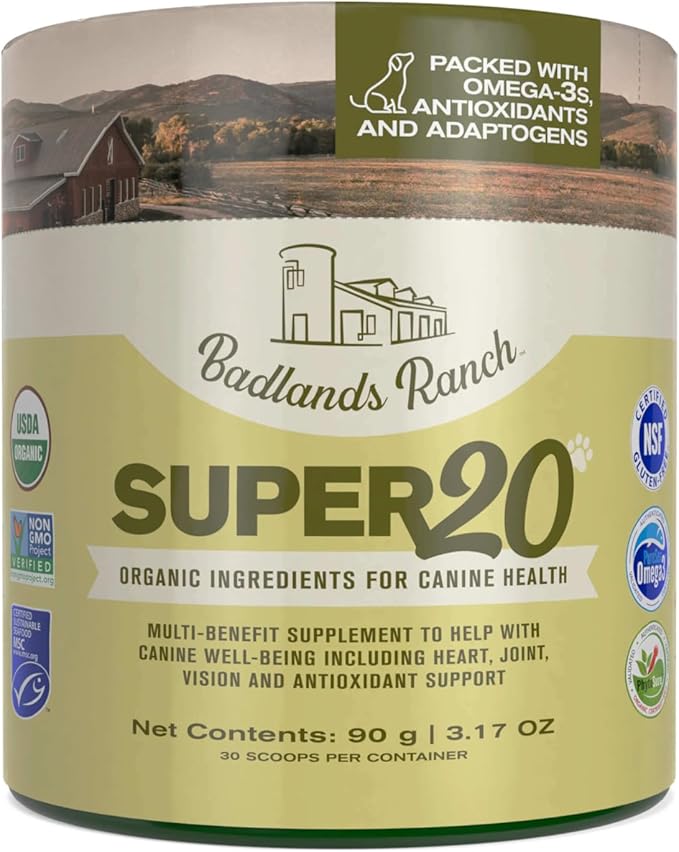Badlands Ranch - Super20 Canine Supplement Organic Ingredients Multi-Benefit Supplement, Ashwagandha, Help w/Canine Well-Being, Heart, Joint, Vision, Antioxidant Support by Katherine Heigl (30 scoops)