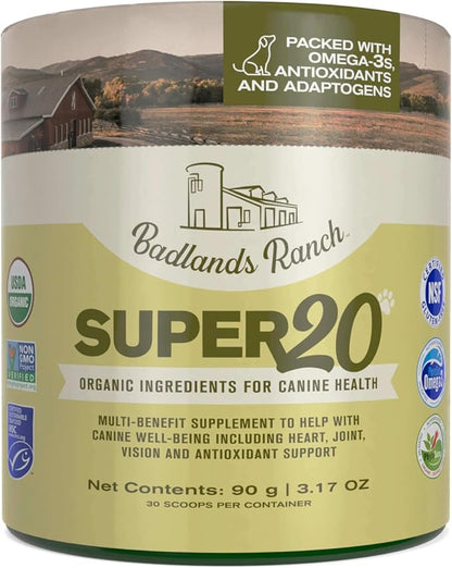 Badlands Ranch - Super20 Canine Supplement Organic Ingredients Multi-Benefit Supplement, Ashwagandha, Help w/Canine Well-Being, Heart, Joint, Vision, Antioxidant Support by Katherine Heigl (30 scoops)
