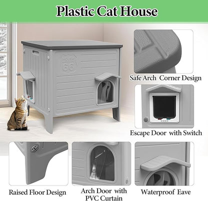 Outdoor Cat House Weatherpoof Large Plastic Cats Houses with Escape Door Indoor Waterproof Feral/Pet Cat Shelter Outside for Multiple Cats (Grey)