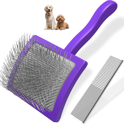 2PCS Slicker Brush for Dogs & Pet Comb,Professional Dog Grooming Brush (Goldendoodles,Poodles,Labradoodles) with Extra Long Pins to Effectively Remove Tangles, Knots and Mats (Purple Large)
