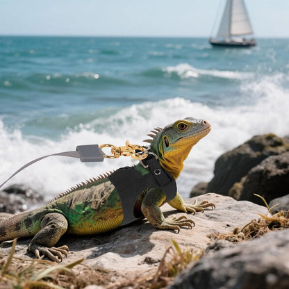 3 Pack Bearded Dragon Harness and Leash Set, Bearded Dragon Leash, Soft Leather Harness with 6.56FT/2M Retractable Leash, Small Animal Easy Walk Harness for Ferret, Rabbit, Hamster, Lizard (Black)