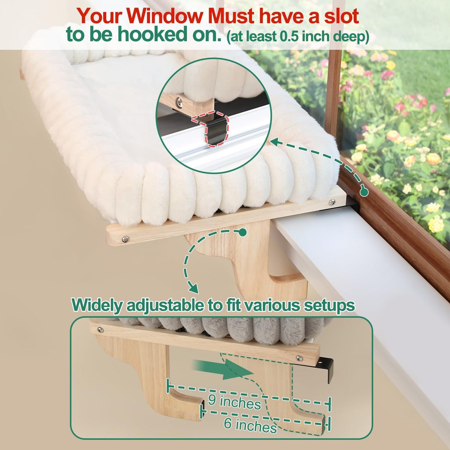 Zakkart SnugCloud Cat Window Perch with 4-Sided Bolster - Orthopedic Cat Hammock for Window Sill - Solid Hardwood & Metal Frame - Window Seat for Pets (Natural Color Wood w/White Bed, Large)