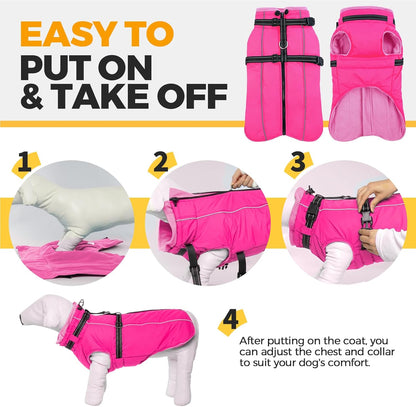 Lelepet Dog Winter Coat Waterproof Dog Jacket with Harness Built in Windproof Reflective Pet Coats for Small Medium Large Dogs, Thermal Fleece Lined Coats for Cold Weather Walking Hiking, Pug, M