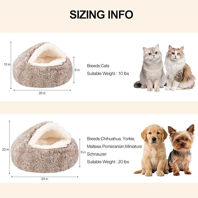 Calming Dog Beds & Cat Cave Bed with Hooded Cover,Removable Washable Round Beds for Small Medium Pets,Anti-Slip Faux Fur Fluffy Coved Bed for Improved Sleep,Fits up to 15/25 lbs(Medium,24"x24")