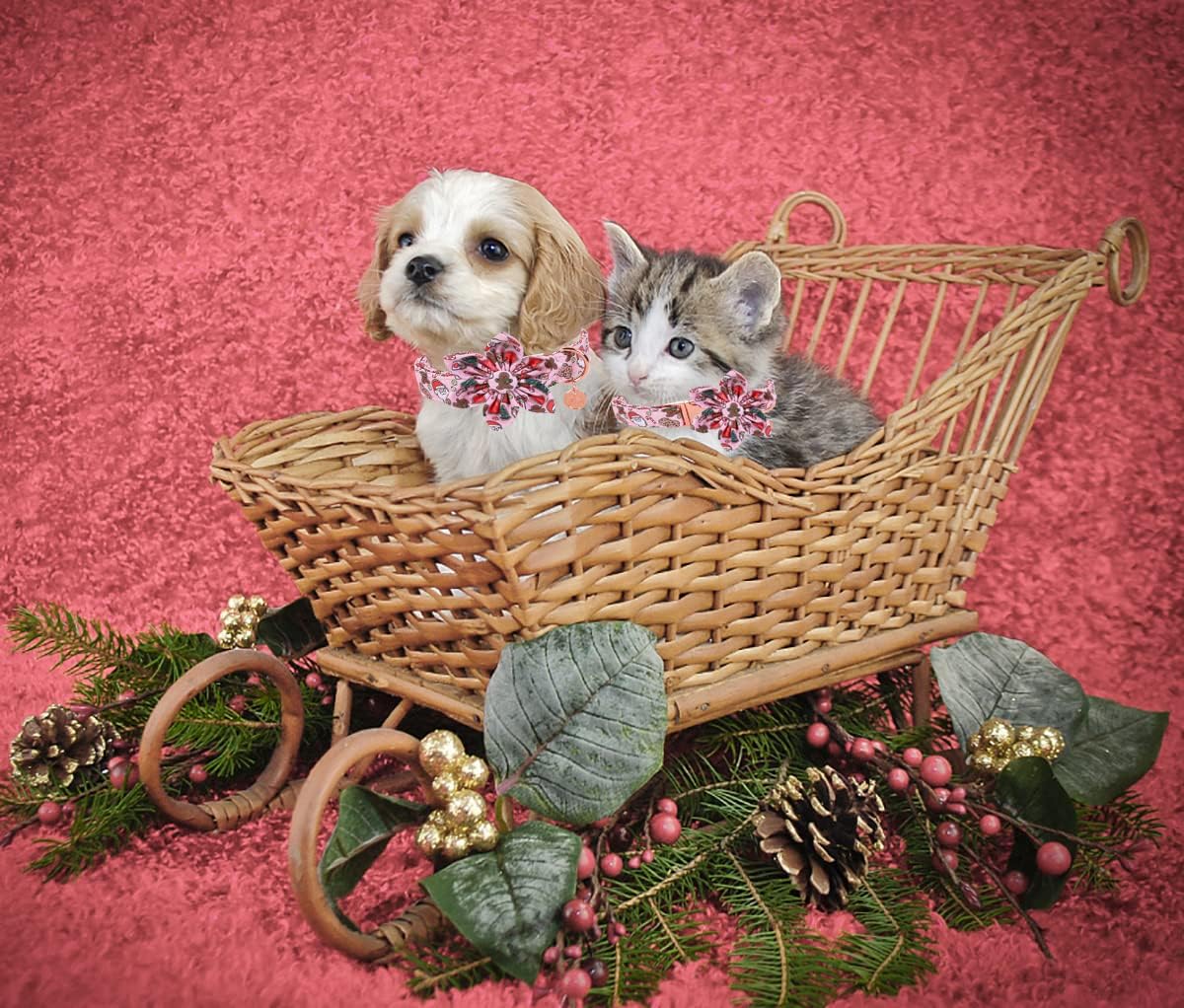 DOGWONG Christmas Dog Collar with Flower, Pink Santa Claus Dog Collar Gingerbread Man Soft Durable Adjustable Cotton Cute Girl Puppy Collar for Small Medium Large Dog