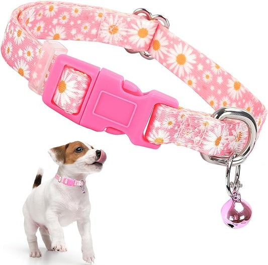Pink Puppy Collar with Bell, Pretty Floral Daisy Girl Cat Collar Flower Tiny Dog Collars with Bells for XS Small Pet Female Dogs Kitten Little Animal, XSmall
