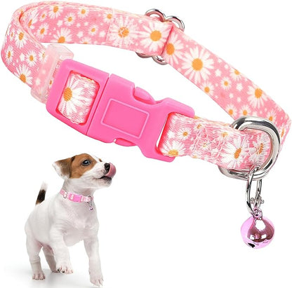 Pink Small Dog Collar with Bell, Pretty Floral Daisy Girl Cat Collar Flower Puppy Collars with Bells for XS Small Tiny Pet Female Dogs Kitten Little Animal, S