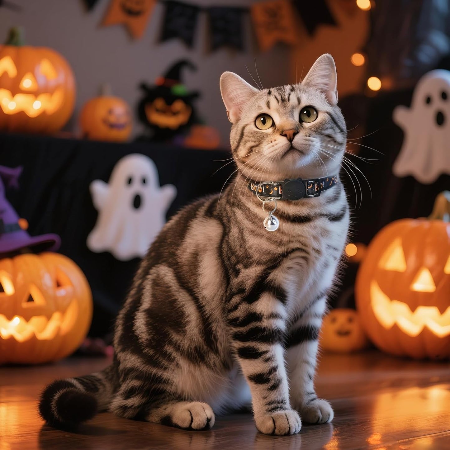 Halloween Cat Collar with Bell, Adjustable Comfortable Kitten Halloween Collar Breakaway, Boo! Patterns Safety Holiday Cat Collars for Boys Girls,Kitten,Puppy Black (7.5"-12.5")