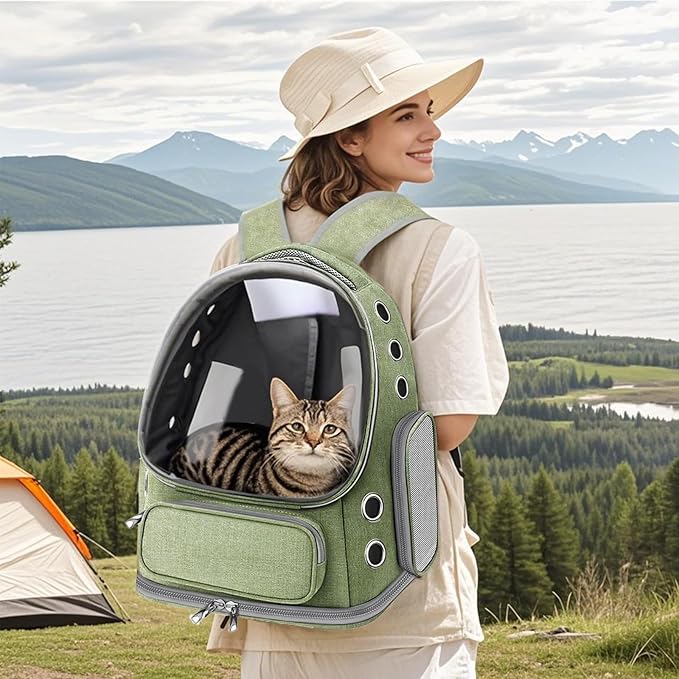 Cat Carrier with Groomer, Breathable Cat Bubble Carrier for Cats or Small Dogs up to 20 lbs, Collapsible Airline Approved, Clear Cat Travel Backpack (Green)