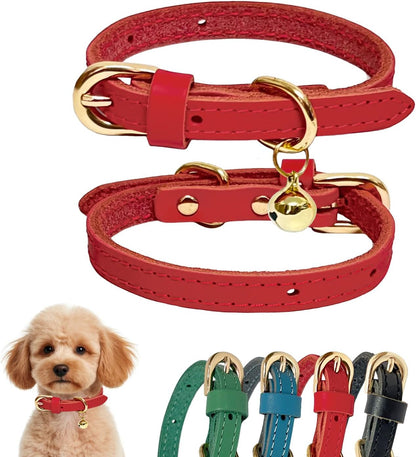 Guiding Star Leather Collar for Puppy, Cute Soft Thin Dogs Collars for Small Medium Dogs, Cat Collar with Bell (Red, XS, 9"-12")