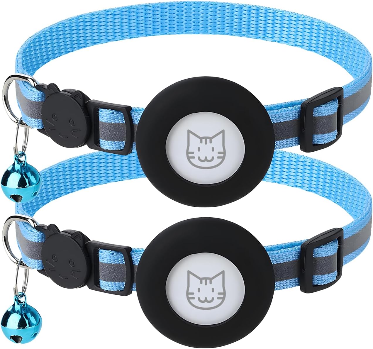 2 Pack Airtag Cat Collar with Bell, Reflective Nylon Kitten Collar with Apple Air Tag Holder and Breakaway Safety Buckle for Puppy Girl Boy Cats, 3/8" in Width and Lightweight, Blue