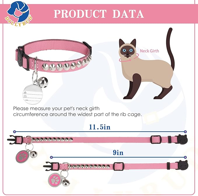 Leather Personalized Breakaway Cat Collar with Studded Bell and Safety Quick Release Buckle - Rivets Studded ID DIY Collars for Boy Girl Cats Kittens, 9" - 11.5" Pink