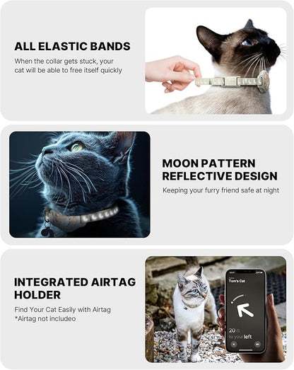 Cat Collar with Airtag Holder, Breakaway Airtag Cat Collar for Apple Air Tag with Luminous & Reflective Pattern, Waterproof GPS Cat Tracker Collars for Boy Girl Cats Kittens with Bell, Khaki (8-12")