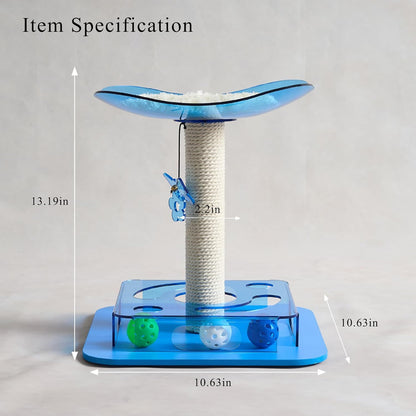Modern 3-in-1 Interactive Cat Toy with Puzzle Box, Cat Bed/Perch & Scratching Posts, Colorful Jingle Balls, Dangling Accent, Puzzle Toys for Indoor Cats, Acrylic, Blue