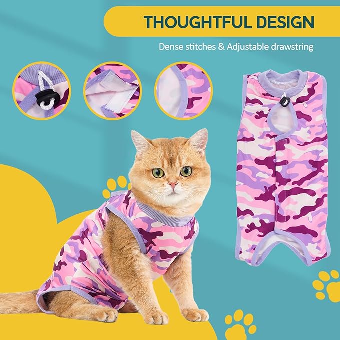 Avont Cat Recovery Suit - Kitten Onesie for Cats After Surgery, Cone of Shame Alternative Surgical Spay Suit for Female Cat, Post-Surgery or Skin Diseases Protection -Purplecamo(L)