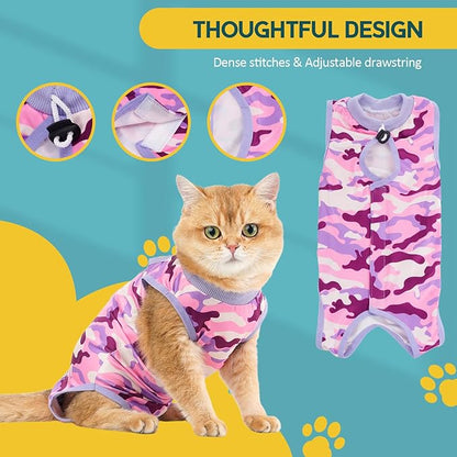 Avont Cat Recovery Suit - Kitten Onesie for Cats After Surgery, Cone of Shame Alternative Surgical Spay Suit for Female Cat, Post-Surgery or Skin Diseases Protection -Purplecamo(L)