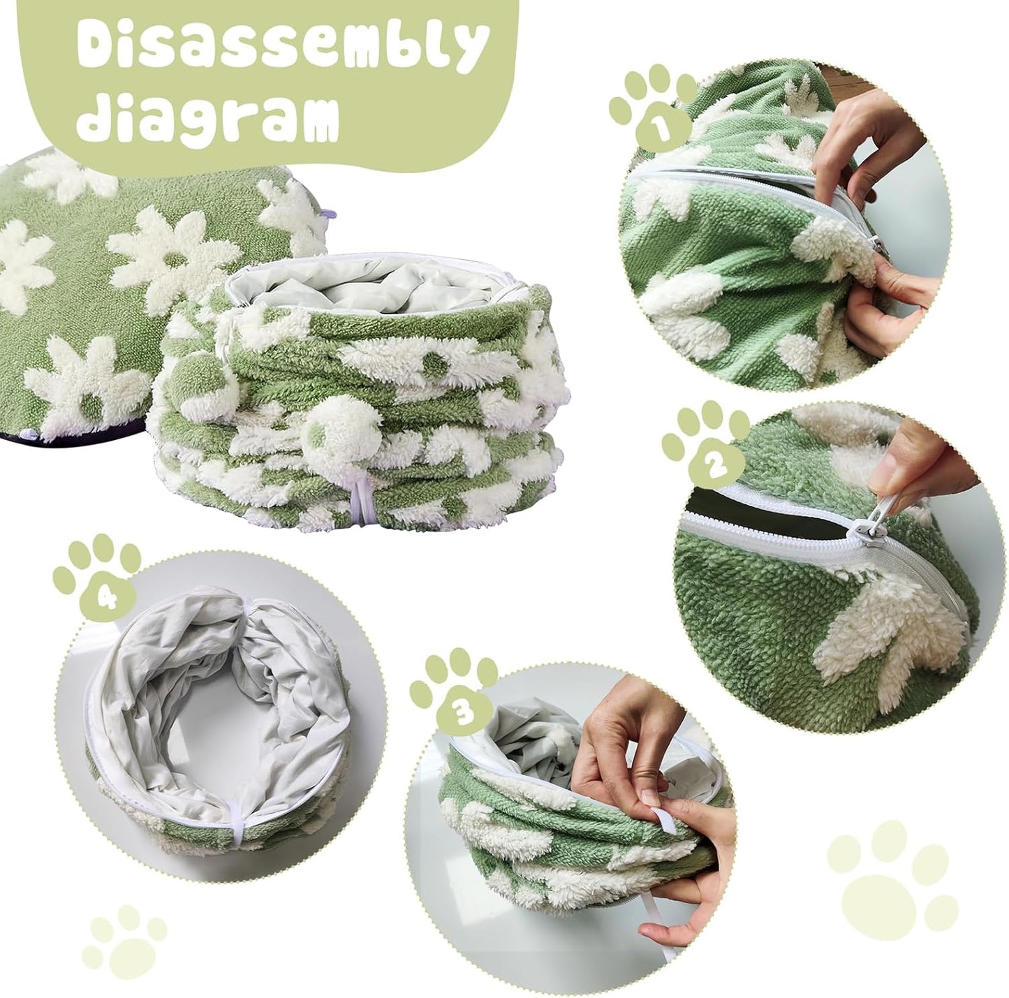 Cat Tunnel Bed for Indoor Cats, Soft Plush Donut Peekaboo Cat Cave, Multifunctional Playground Toy for Small Medium Large Cats, Kittens, Rabbits, Ferrets, with Washable Cushion(Green)