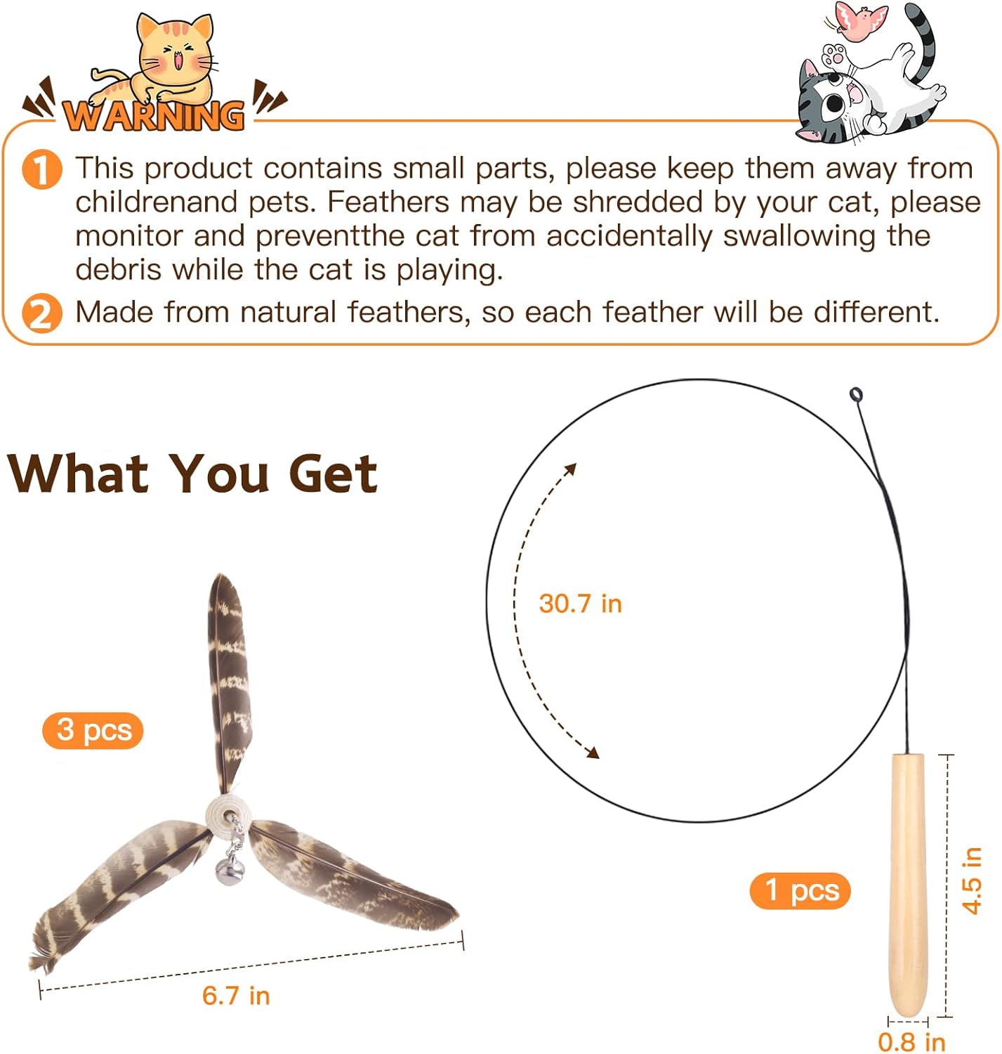 Cat Toys Interactive for Indoor Cats, Cat Wand Toys with 3 Feather Refills, Sturdy Wood Handle with Flexible Steel Wire for Kitten, Feather Toys Refills for Bored Indoor Adult Cats