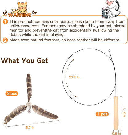 Cat Toys Interactive for Indoor Cats, Cat Wand Toys with 3 Feather Refills, Sturdy Wood Handle with Flexible Steel Wire for Kitten, Feather Toys Refills for Bored Indoor Adult Cats