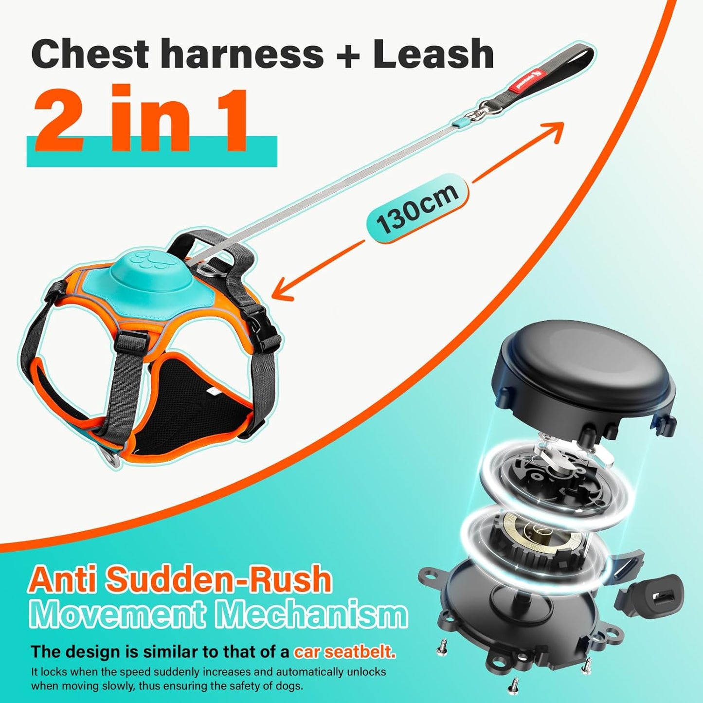 No Pull Dog Harness, 2 in 1 Retractable Harness with Auto-Lock, Reflective Breathable Mesh and Handle, Adjustable Leash Set for Small, Medium,Large Dogs,Cats (Color 1, M)