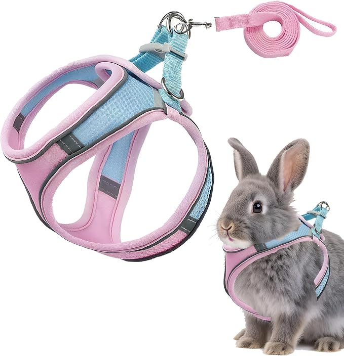 Rabbit Harness and Leash Set Escape Proof, Adjustable Soft Padded Vest, Breathable Mesh Bunny Harness with Reflective Strap, Safe for Small Animals(Pink,S)