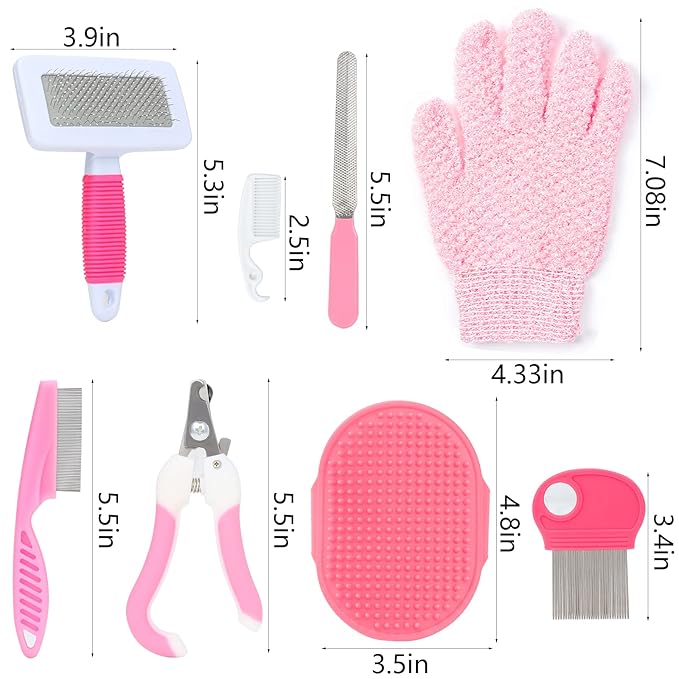 VCZONE Pink Small Animal Grooming Kit with Nail Clipper, Flea Comb, Shampoo Brush, Slicker Brush, Massage Glove for Rabbits
