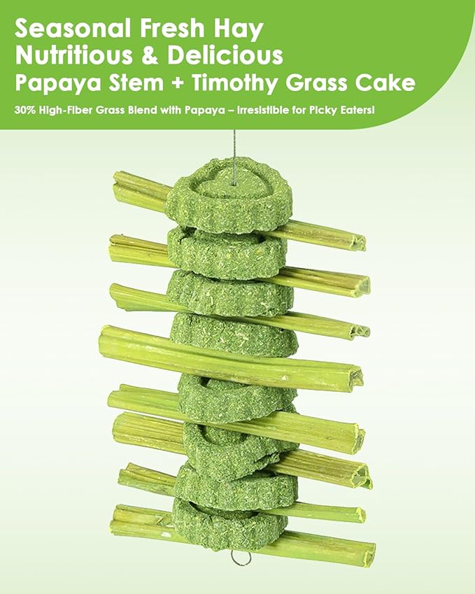 3PS Rabbit Toys for Bunny Boredom, Hanging Rodent Dental Toy with Papaya Stems Sweet Bamboo Hamsters, Chinchillas, Guinea Pigs