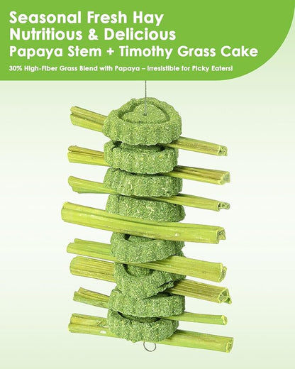 3PS Rabbit Toys for Bunny Boredom, Hanging Rodent Dental Toy with Papaya Stems Sweet Bamboo Hamsters, Chinchillas, Guinea Pigs