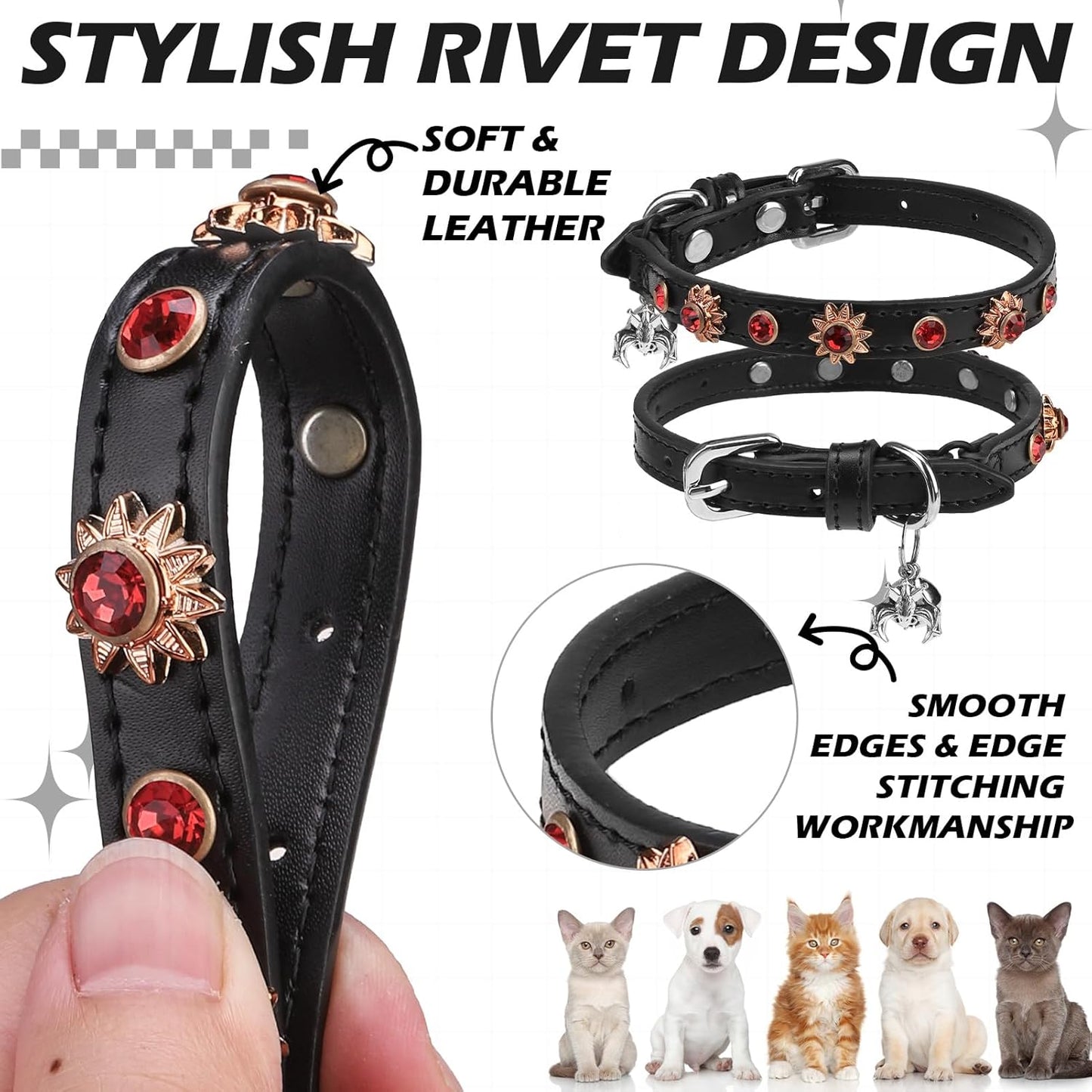 EXPAWLORER Halloween Leather Cat Collar - Adjustable Pet Collar with Rivet Spike for Girl Boy Cats, Punk Accessories with Bell & Durable D-Ring,Red Diamond Sunflower
