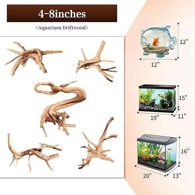 majoywoo Natural Driftwood for Aquarium Decor Fish Tank Decorations, Assorted Spider Wood Branch 4-8" 5 Pcs, Reptile Decor