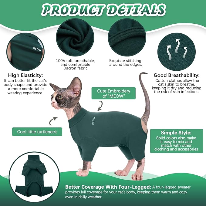 ROZKITCH Hairless Cat Clothes, Breathable Soft Jumpers for Cats Only, Full Cover Clothing with Four Legs, Warm Sweater T-Shirt Pajamas Jumpsuit Vest Cornish Rex Devon Rex Peterbald DarkGreen L