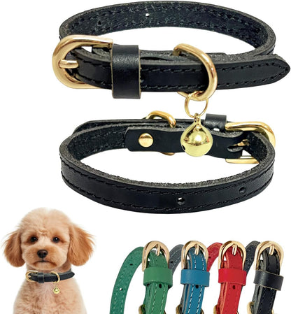 Guiding Star Leather Collar for Puppy, Cute Soft Thin Dogs Collars for Small Medium Dogs, Cat Collar with Bell (Black, XS, 9"-12")