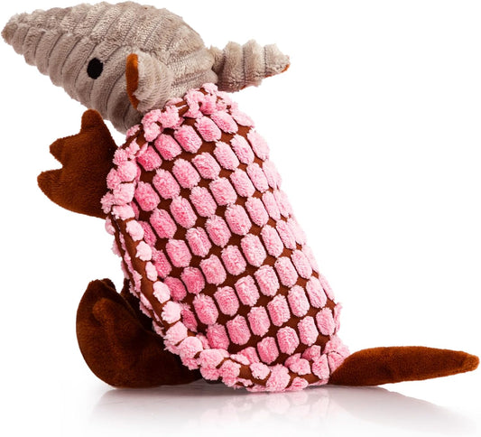 Hollypet Plush Dog Squeaky Toy Stuffed Armadillo Animal Pet Puppy Chew Toys with Clean Teeth for Small Medium Large All Breed Sizes Dogs, Pink, 8 in